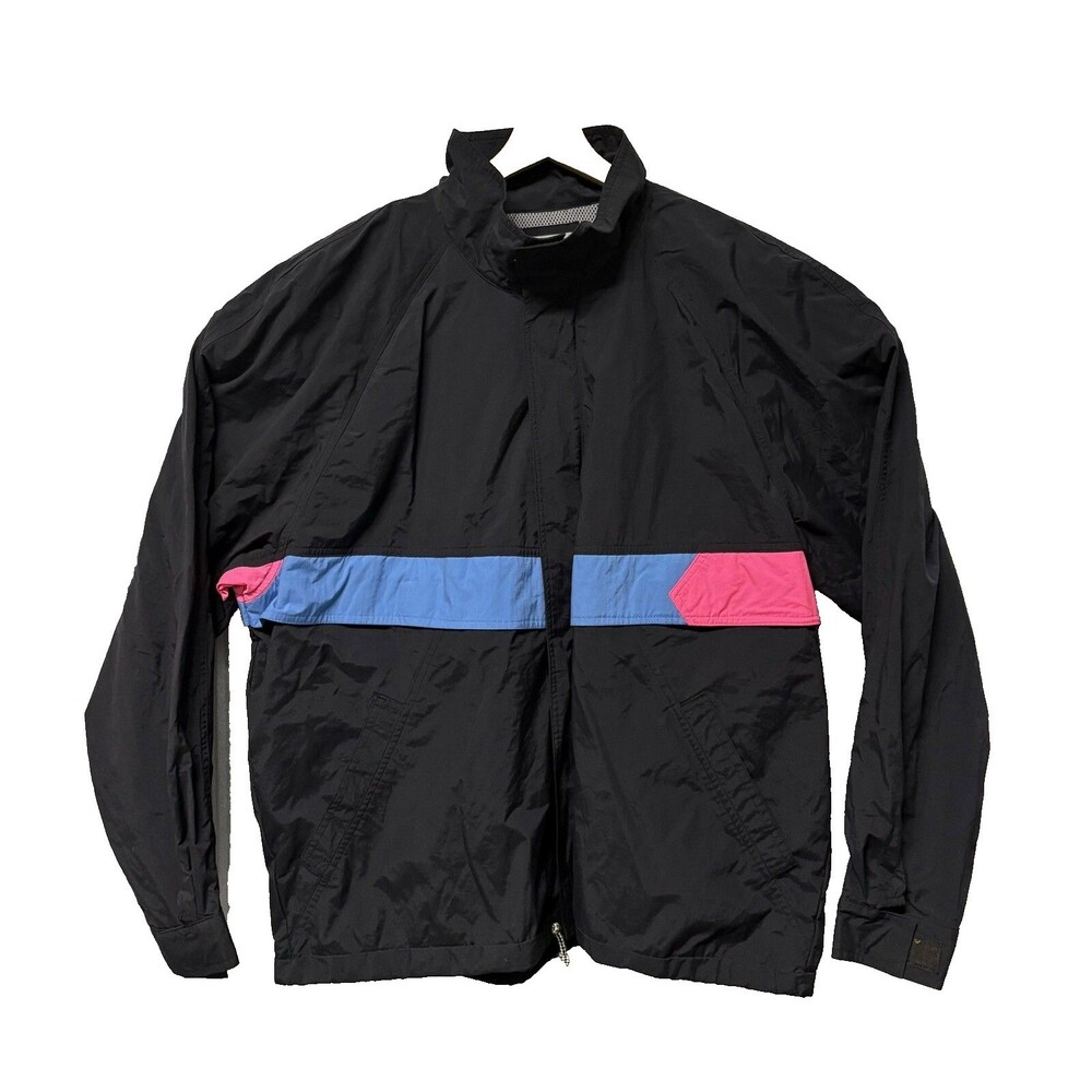 Newport Blue Vintage Windbreaker Black Neon Accent Jacket Mens XL Zip Drawstring